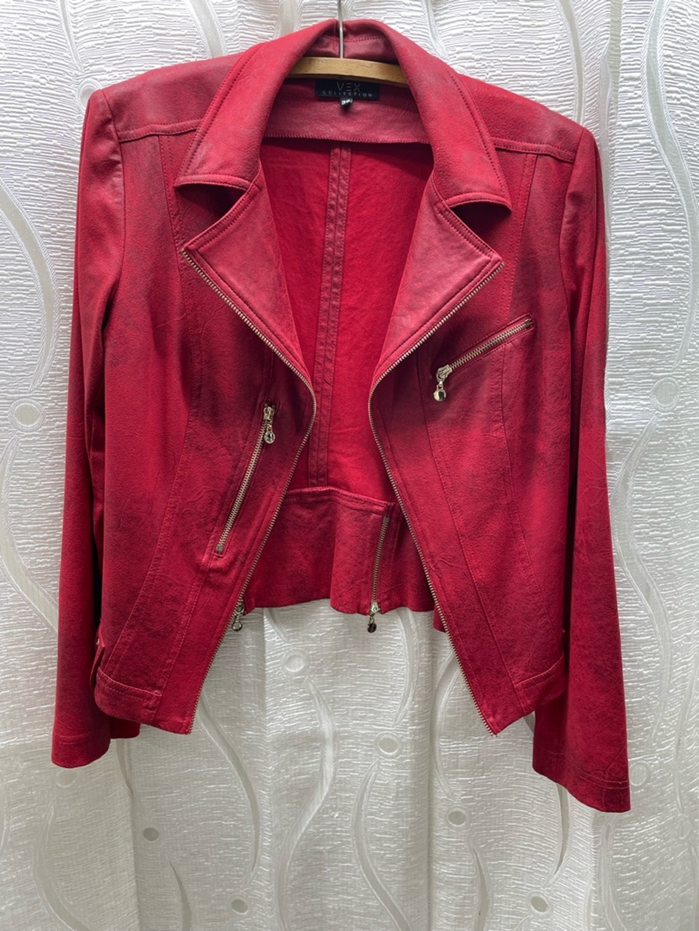 Vex Collection Moto Jacket‎ Womens 38 Red Excellent Distressed Faux Suede Biker